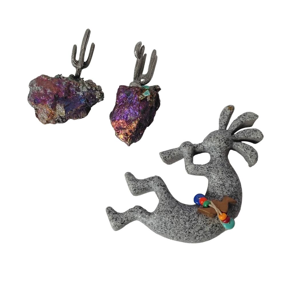 Kokopelli & Cactus Magnets Stone Peacock Ore Iridescent Mineral Set *FLAW*